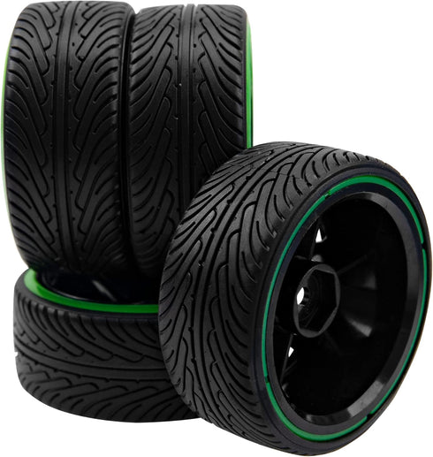 1/10 RC Drift Car Tires 12mm Hex Hub Wheel Rims & Hard Plastic Tyre 6 Spoke Compatible with Traxxas HSP Tamiya Kyosho