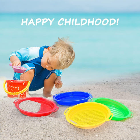 Set Bundle-4Pack(8.75x 9.75in) Sand Sifters Sieve for The Beach Sand Toys (Red, Blue, Yellow & Green) Complete Gift