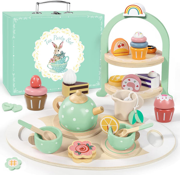 Wooden Tea Party Set for Little Girls, Toddler Pretend Play Food Kitchen
