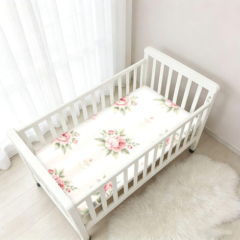 CZXW 52" 28" Pink Roses Stripes Crib Sheets Fitted x Natural Cotton Soft & Breathable for Baby Crib Mattress