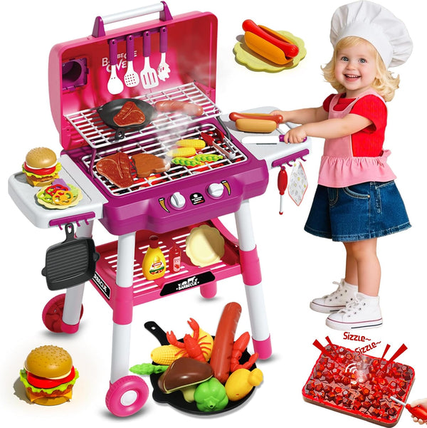 Kid Toy Grill, BBQ Grill Playset with Light Sound, Smoke Effect and
