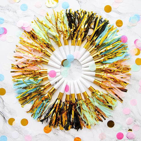 lasenersm 24 Pieces Party Blower Noisemakers, Black and Golden Fringed Noise Maker Blowouts, Party Horns