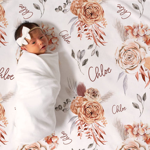 Stork Wares 30x40', (BB335) Boho Caramel Floral Personalized Baby Girl Swaddle Blanket, White
