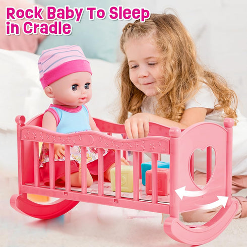 12in Set 20pcs Bag/Cradle/2 3 4 5 6 Golray Girl Baby Doll Crib and High Chair - Sound&Pee Interactive Baby Doll