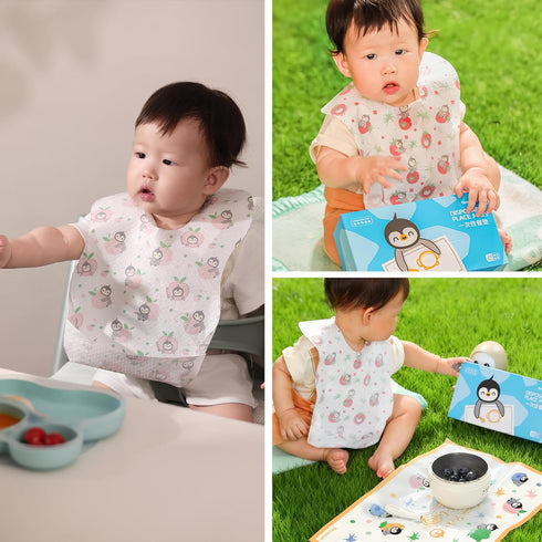24 Pack 13.78x 9.45 (24pcs Disposable Feeding Bibs, Individual for Baby & Kids -Adjustable Adhesive Tabs, Toddler Bibs