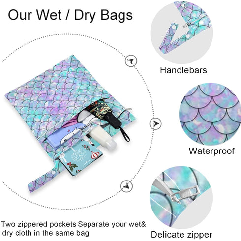 visesunny 2Pcs Wet Bag with Zippered Pockets Beautiful Rainbow Mermaid Scale Washable Reusable Roomy