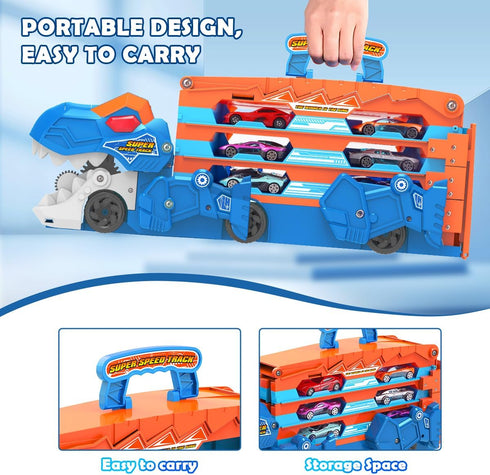 8 Set 3 4 5 6 7 VATOS Toddler Truck Toy - Ejection Folding Dinosaur Track, Portable Truck Car with Race Cars, Best Gift