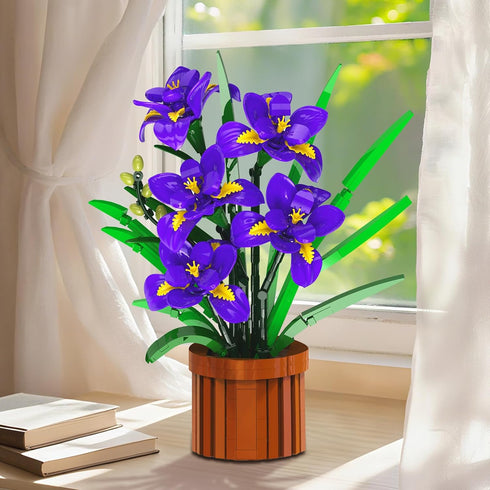Set 808PCS CUBIMANA Flowers Botanicals Iris Building - Mother's Day Artificial Purple Bonsai Plant for Home Office