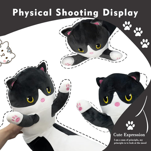 Long Cat Plush Pillow, 43.3in Cute Black Cat Plushie Stuffed Animal Body Pillow, Kawaii Doll Toy Gift