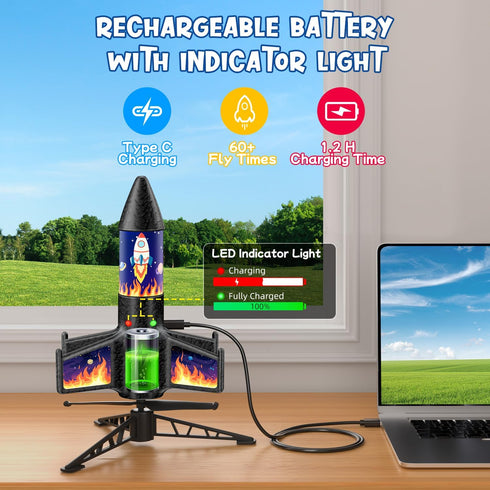 CGGSNDF 300 6-14 Rocket Launcher for Kids, Feet Flight Altitude Rechargeable LED Spinner Rocket with Remote Control