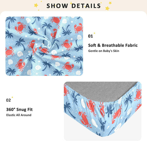 Jynexis 52x28 Crab Palm Tree Blue Pattern Baby Crib Sheets, Cotton Fitted Crib Sheet, Soft Breathable, Fits Standard