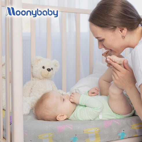 Moonybaby Baby Crib Sheet - 100% Organic Cotton Unisex for Standard Crib Toddler Mattresses (Jersey with Animal