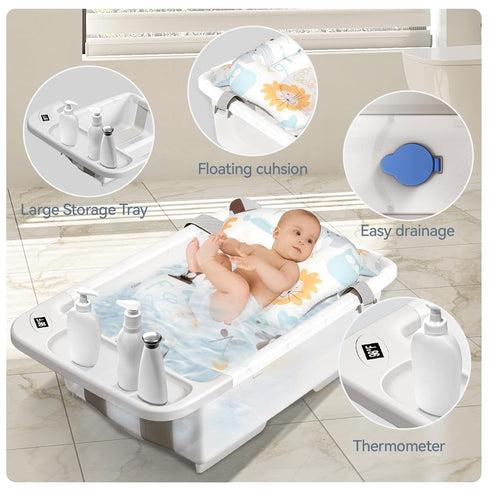 0 36 Collapsible Baby Bathtub - Large Capacity Baby Bath Tub with Thermometer & Soft Cushion | Portable Travel Newborn