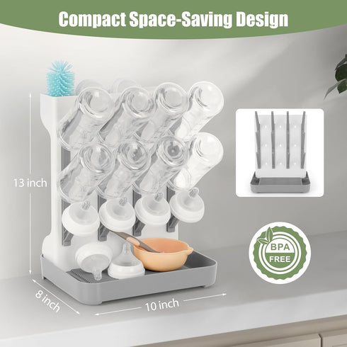 Flysich Countertop, 12 Baby Bottle Drying Rack, Space Saving Baby Bottle Organizer for Vertical Bottle Dryer Holder