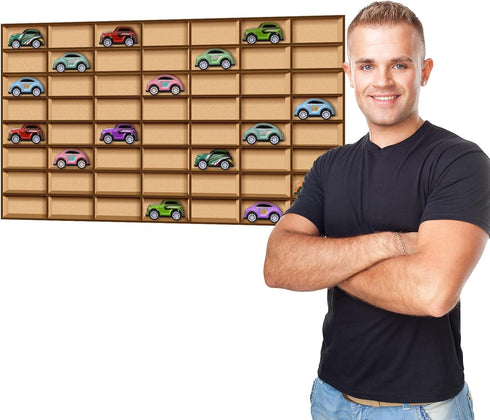 1 Piece Toy Car Display Case - 56 Space Wooden Wheels Shelf for Collectibles, Toy Figurines, Tiny Dolls