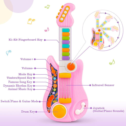 2-4 2+ Kids Guitar, Electric Toddler Baby Music Toys for Ages with Piano Mode Strap and Lights Child Musical