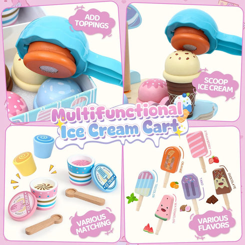 3 4 5 6 Atoylink Wooden Ice Cream Toys for Kids Pretend Play Food Toys with Scoop & Menu & Fake Money, Ice Cream Cart