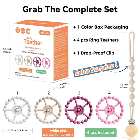 5 Pack 4 0-6 6-12 Stylish Silicone Baby Teething Toys: Teething Rings and Extra Silicone Clip, Teething Rings