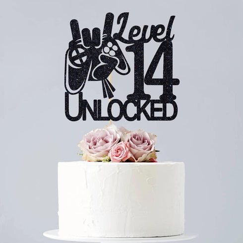 Cos mos Video Game Level 14 Unlocked Birthday Cake Topper - Black Glitter for Boys 14th Birthday Decorations