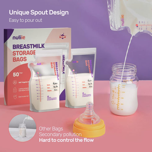 Nuliie 50 Pcs Breastmilk Storage Bags, 8 OZ Breast Milk Storing Bags, BPA-Free, Milk Storage Bags with Pour Spout for Breastfeeding, Self-Standing Bag, Space Saving Flat Profile
