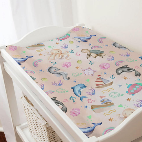 Colorful Sea Animals Baby Changing Pad Covers for Boys & Girls 32''x16'' Unisex Fitted Sheets