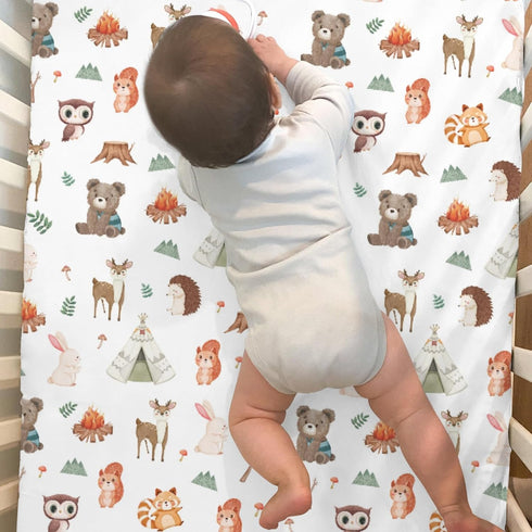 ZoUbqchY 52x28In 2 Pack Camping Animals Baby Crib Sheets for Boy Girl Bear Deer Raccoon Squirrel Bunny Hedgehog Owl