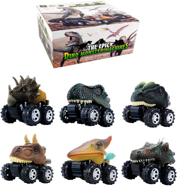 DINOBROS Dinosaur Toy Pull Back Cars 6 Pack for Boys Age 3-7, Dino T-Rex Games