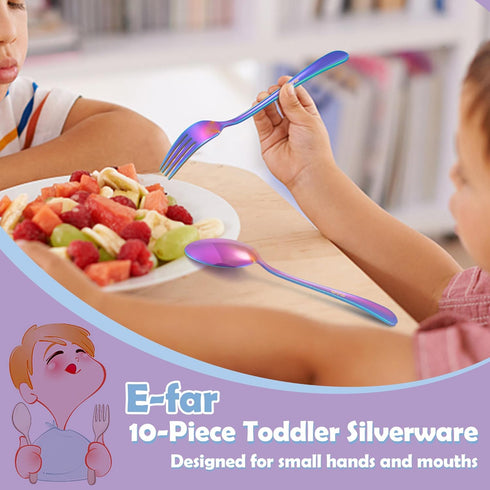 E-far 10-Piece Toddler Forks and Spoons Set, Stainless Steel Kids Safe Silverware for Self Feeding, Rainbow