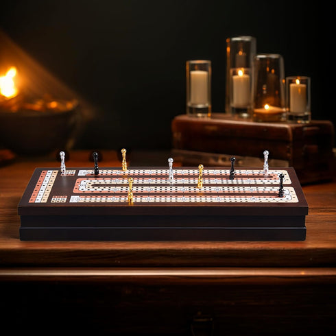 Set 3 9 Pegs2 BIVOMON Wooden Cribbage Board Game with Large Storage Area, Track Cribbage Board, Metal Playing