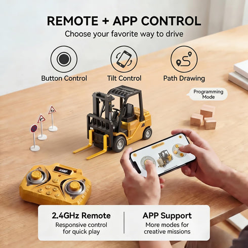 1/64 Controled,2-in-1 Hook,10CH RC Forklift Toy,Mini Forklift Remote Control & Phone App Transformable Lift Fork
