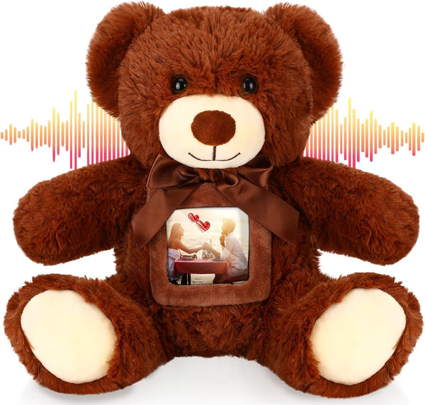 14 Inch Remembrance Bear Plush Stuffed Animal with Recorder, Soft Doll Toy with Picture Frame (Dark Brown)