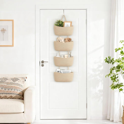 4-Tier Dahey Over The Door Hanging Basket Woven Boho Wall Mounted Storage Organizer with Hooks for Bedroom Nursery