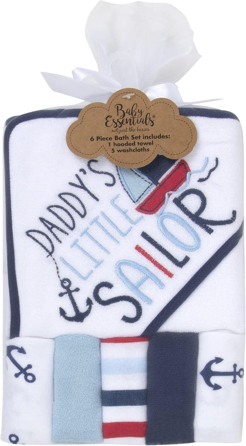 Set 6-12 Baby Hooded Bath Towel and Washcloth for Infants, Boys and Girls Months (Daddy's Sailor)
