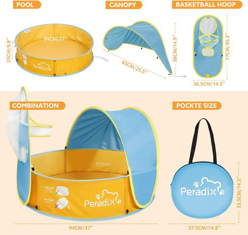 Peradix Paddling Pool for Kids & Pets, 3 in 1 Pop Up Wading Pool Tent with Basketball Hoop