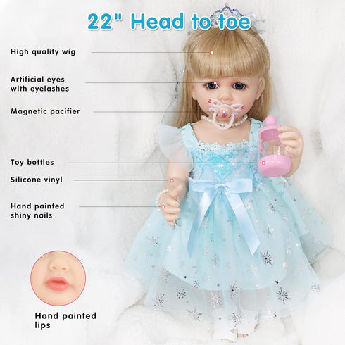 Realistic 22 Inch Reborn Baby Doll - Silicone Full Body American Girl, Weighted Soft Toy Birthday Gift Set for Over 3