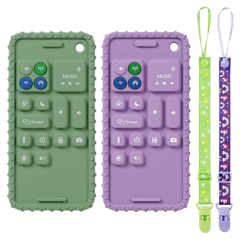 2PCS Silicone Baby Teething Toys, Cell Phone Teether with 2 Pacifier Clips, BPA Free Chew Toys for 0-12 Months
