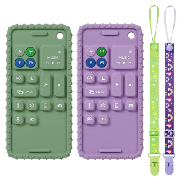 2PCS Silicone Baby Teething Toys, Cell Phone Teether with 2 Pacifier Clips, BPA Free Chew Toys for 0-12 Months