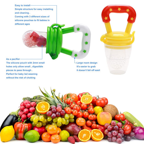 Food Feeder Baby Fruit Feeder Pacifier (3 Pcs) with Silicone Pacifiers, Baby Food Dispensing Spoon, Bottle Brush