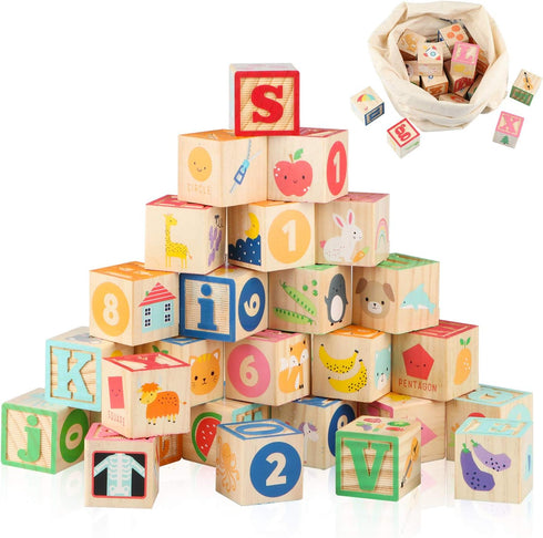 Joqutoys ABC Wooden Building Blocks for Toddlers 1-3, 26 PCS Alphabet & Number Stacking Blocks