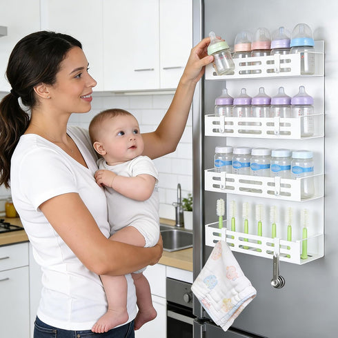 ieddet 4 Pack 8 Magnetic Baby Bottle Organizer for Refrigerator, Bottle Organizer Rack with Hooks, Storage for Baby