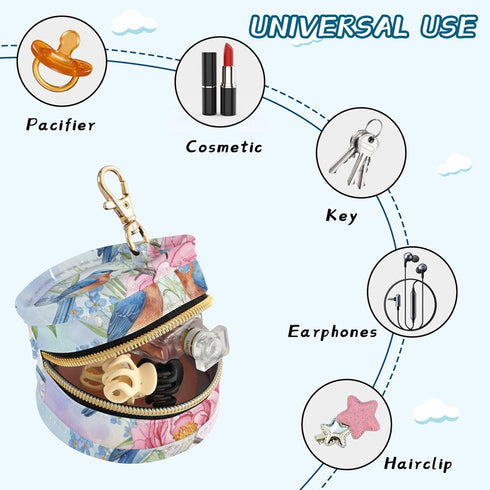 PYBUG Birds Round Pacifier Storage Case, Polyester & TPU Lined with Hook Buckle, Pacifier Container Box for Baby