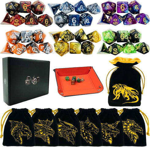 6 Sets Double-Color Polyhedral Dice for DND, RPG, MTG & Table Games - 7pcs Set with 6 Drawstring Bags & PU Leather Dice