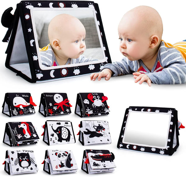 Tummy Time Mirror with Soft Book, Black and White High Contrast Baby Toys for Crawling