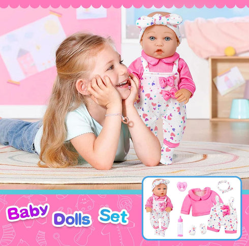 XFEYUE 12" Set,12 Inch 3+ Baby Doll with Pink Bowknot Clothing Realistic Baby Dolls with Clothes
