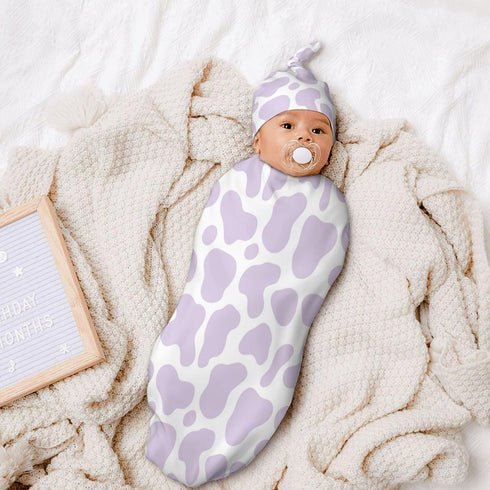 Qiohoey Purple Cow Print Newborn Baby Swaddle Blanket with Beanie Hat Baby Receiving Blanket Soft Baby Sleep Sack Baby