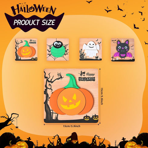 4 Pack Halloween Wooden Puzzles for Kids, Boys Girls Toddlers Halloween Jigsaw Toys for Party Favors and Treats