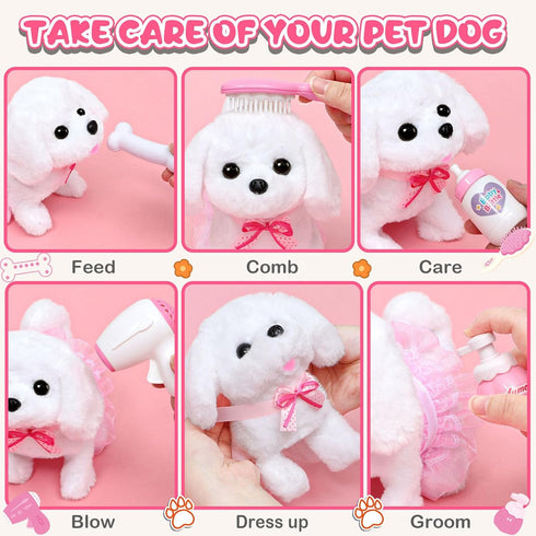 Golray Dog Toys for Kids Girls, Electronic Interactive Stuffed Dog Plush, 10 Pcs Toddler Girl Toy Dog Puppy Care Set