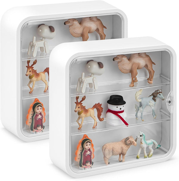 2 Pcs 3 Tiers Display Case for Figures, Wall Mounted Clear Dust Proof Storage Box for Mini Toys