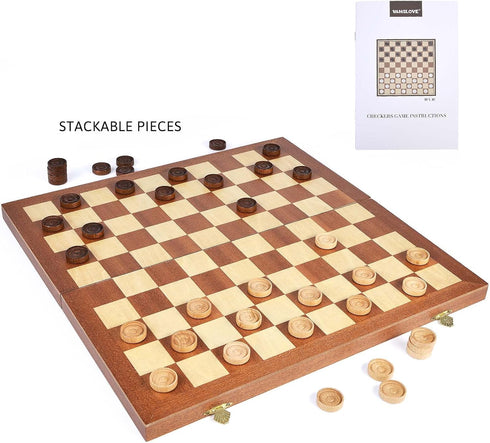 15inch Set, 100 10x10 VAMSLOVE Checkers Folding Wooden Game Square Checkerboard International Checkers Draughts Board