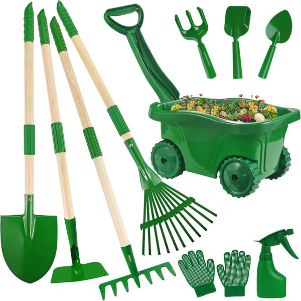 Duckura Kids Gardening Tools Set - 10pcs Wheelbarrow Set for Kids with